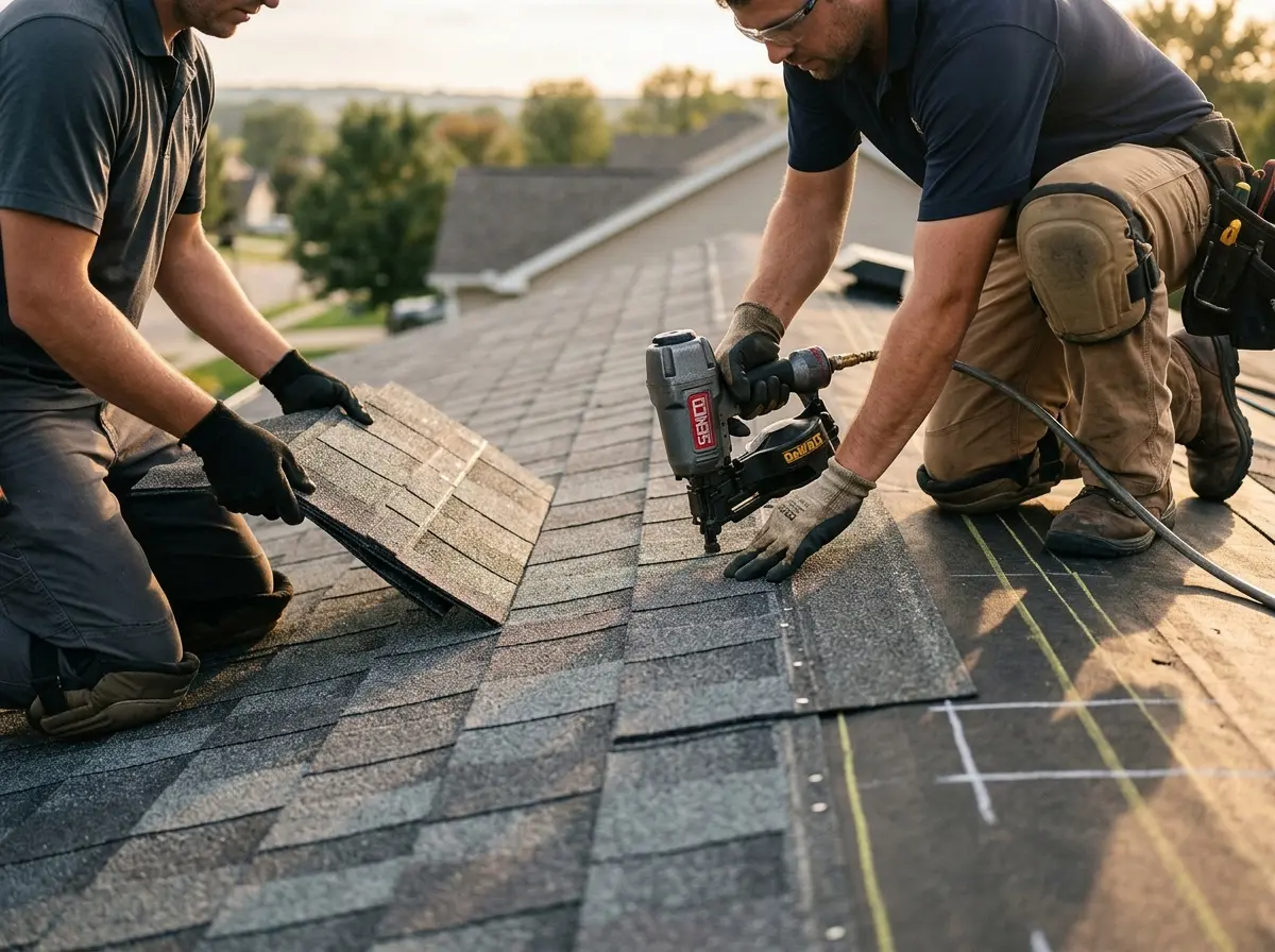 Professional roofer working on a residential roof in Isla Vista